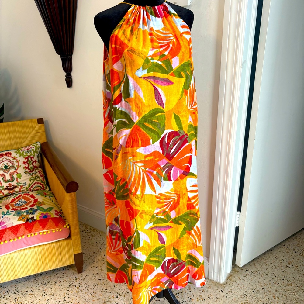 C & C California Linen Blend Tropical Palm Orange Colorful Long Shift Dress! Lg - Picture 2 of 13